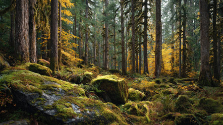 A photograph of Pacific Northwest forests 157 with temperate rainforest mountain slope, thick forest...
