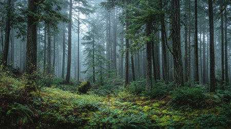 A photograph of Pacific Northwest forests 232 with old growth forest landscape, shaded forest...