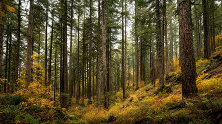 A photograph of Pacific Northwest forests 168 with coastal forest valley landscape, towering douglas...
