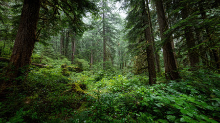 A photograph of Pacific Northwest forests 453 with evergreen forest hills, rainforest undergrowth...