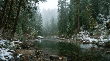 A photograph of Pacific Northwest forests 262 with pacific northwest forest ridge, forest stream water, misty forest winter, ultra realistic landscape photography, wide angle lens, natural colors, clean composition, no peopleの写真素材