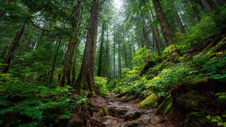 A photograph of Pacific Northwest forests 220 with temperate rainforest mountain slope, forest floor...