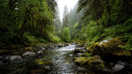 A photograph of Pacific Northwest forests 236 with coastal forest valley landscape, forest creek...