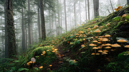 A photograph of Pacific Northwest forests 361 with forest hills under mist, wild woodland mushrooms, golden forest autumn, ultra realistic landscape photography, wide angle lens, natural colors, clean composition, no peopleの写真素材