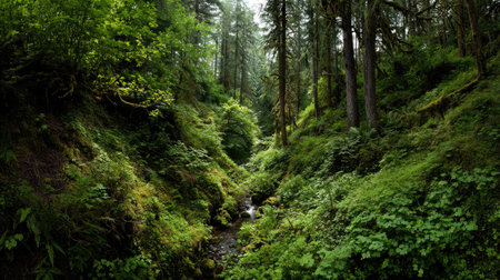 A photograph of Pacific Northwest forests 381 with coastal rainforest hills, thick rainforest...