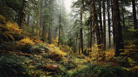 A photograph of Pacific Northwest forests 299 with coastal forest valley landscape, dense forest...