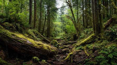 A photograph of Pacific Northwest forests 234 with dense pacific northwest forest valley, fallen...