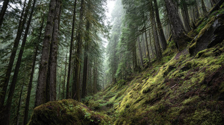 A photograph of Pacific Northwest forests 238 with evergreen forest canyon, conifer forest needles,...