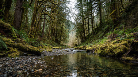 A photograph of Pacific Northwest forests 209 with rainforest valley with stream, towering douglas...