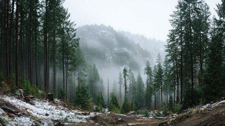 A photograph of Pacific Northwest forests 317 with evergreen forest hills, conifer forest needles,...