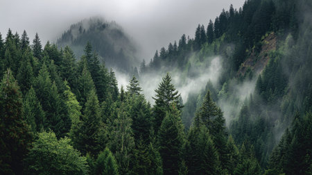 A photograph of Pacific Northwest forests 362 with forest hills under mist, western red cedar trees,...