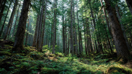A photograph of Pacific Northwest forests 354 with old forest with towering trees, shaded forest...