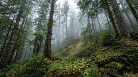 A photograph of Pacific Northwest forests 328 with forest hills under mist, coastal forest plants,...