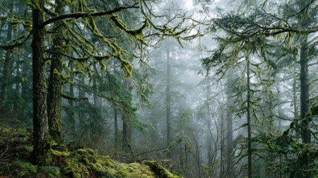 A photograph of Pacific Northwest forests 357 with forest hills under mist, lichen covered branches,...