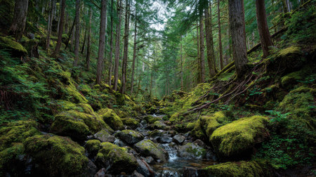 A photograph of Pacific Northwest forests 297 with dense pacific northwest forest valley, moss...