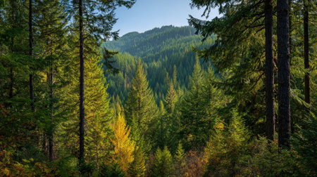 A photograph of Pacific Northwest forests 421 with conifer forest valley panorama, evergreen forest...
