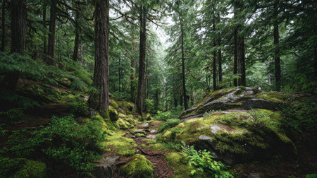A photograph of Pacific Northwest forests 440 with rainforest forest floor landscape, evergreen...