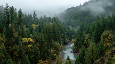 A photograph of Pacific Northwest forests with forest valley with winding creek, misty forest...