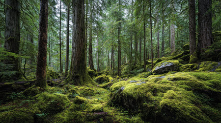 A photograph of Pacific Northwest forests 441 with mossy forest valley, western red cedar trees,...
