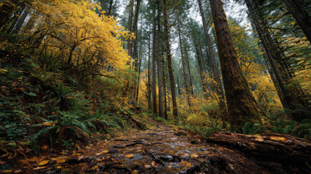 A photograph of Pacific Northwest forests 378 with pacific northwest forest canyon, wet forest soil,...