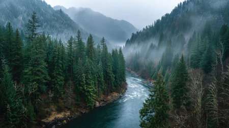 A photograph of Pacific Northwest forests 409 with dense forest overlooking river, giant conifer...