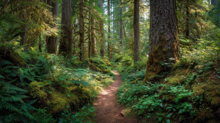 A photograph of Pacific Northwest forests 410 with forest trail through old growth trees, shaded...