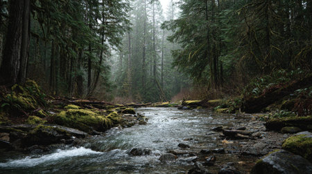A photograph of Pacific Northwest forests 306 with rainforest river valley, towering douglas fir trees, misty forest winter, ultra realistic landscape photography, wide angle lens, natural colors, clean composition, no peopleの写真素材