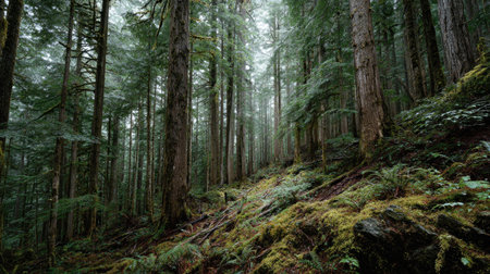 A photograph of Pacific Northwest forests 424 with ancient conifer forest, evergreen forest canopy, fresh rainforest spring, ultra realistic landscape photography, wide angle lens, natural colors, clean composition, no peopleの写真素材