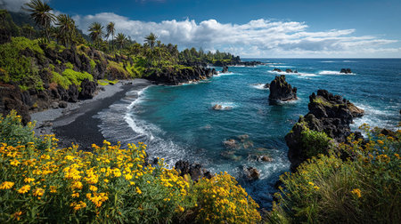 A photograph of Pacific volcanic islands 117 with black sand volcanic beach, wild island flowers,...