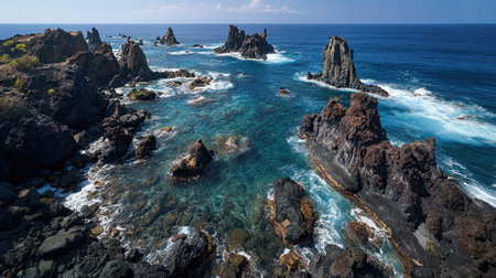 A photograph of Pacific volcanic islands 103 with pacific volcanic coast, basalt lava rocks, dry...