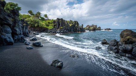 A photograph of Pacific volcanic islands 123 with black sand volcanic beach, lava boulders, storm...