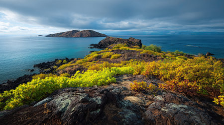 A photograph of Pacific volcanic islands 109 with lava rock island ridge, coastal vines, trade wind...
