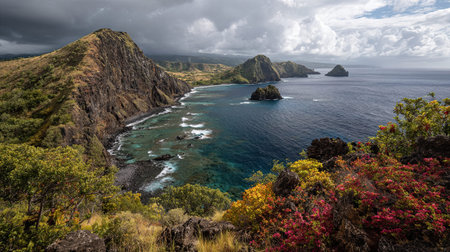 A photograph of Pacific volcanic islands 138 with volcanic island shoreline, tropical vines, storm...