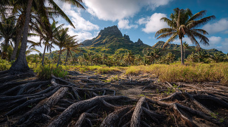 A photograph of Pacific volcanic islands 151 with volcanic island wilderness, palm roots, dry...