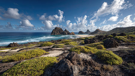 A photograph of Pacific volcanic islands 170 with volcanic island horizon view, sandy volcanic soil,...
