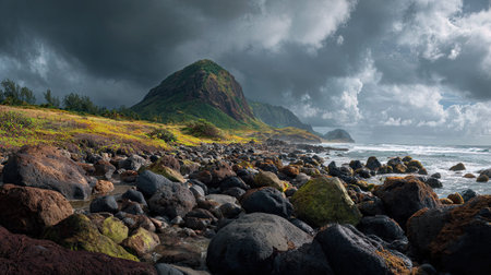 A photograph of Pacific volcanic islands 147 with volcanic island plateau, lava boulders, storm...