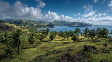 A photograph of Pacific volcanic islands 171 with volcanic island caldera coast, palm groves, wet...