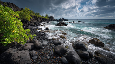 A photograph of Pacific volcanic islands 30 with pacific volcanic coast, basalt ground textures,...