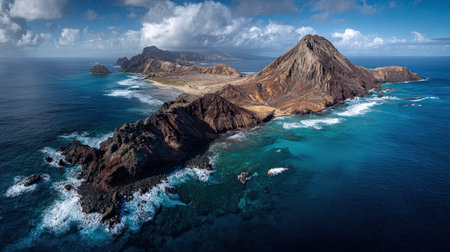 A photograph of Pacific volcanic islands 42 with pacific volcanic island coast, salt spray...
