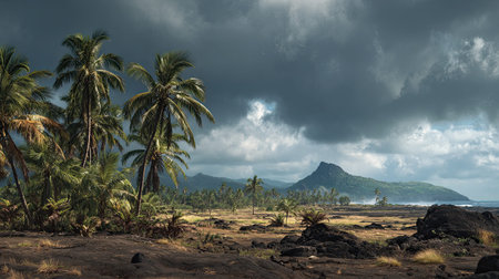 A photograph of Pacific volcanic islands 102 with volcanic island horizon, palm trees, storm season,...