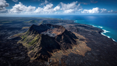 A photograph of Pacific volcanic islands 158 with volcanic crater island coast, lava fields, trade...