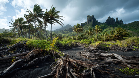 A photograph of Pacific volcanic islands 105 with volcanic island wilderness, palm roots, storm...