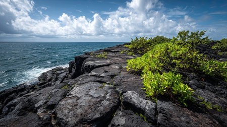 A photograph of Pacific volcanic islands 109 with lava rock island ridge, coastal vines, trade wind...
