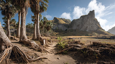 A photograph of Pacific volcanic islands 43 with volcanic island cliffs, palm roots, dry season,...