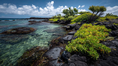 A photograph of Pacific volcanic islands 90 with lava rock shoreline, salt tolerant plants, wet...