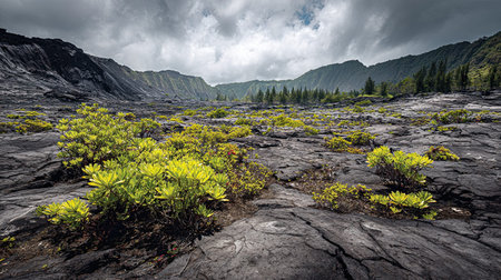 A photograph of Pacific volcanic islands 46 with pacific volcanic basin, tropical ground plants, wet...