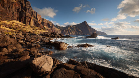 A photograph of volcanic islands with volcanic island cliffs, basalt lava rocks, storm season, ultra...