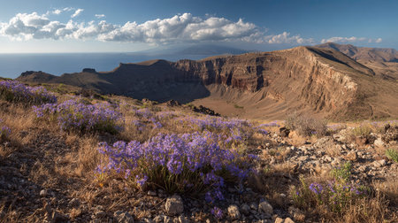 A photograph of Pacific volcanic islands 3 with volcanic island basin, wild island flowers, dry...