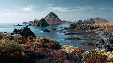 A photograph of Pacific volcanic islands 57 with volcanic island shoreline, coastal vines, dry...