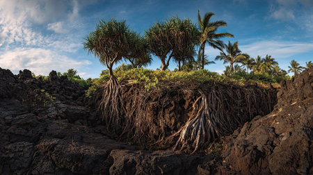 A photograph of Pacific volcanic islands 120 with pacific island lava landscape, palm roots, storm...